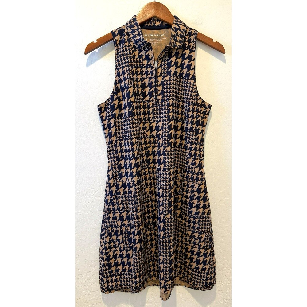 Peter Millar SMALL Carner Houndstooth Golf Dress Sleeveless Navy Tan UPF 50+